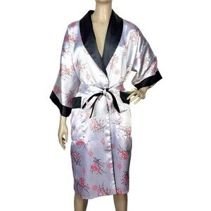 Reversible Black Satin Embroidered Dragon Floral Belted Robe Size Medium